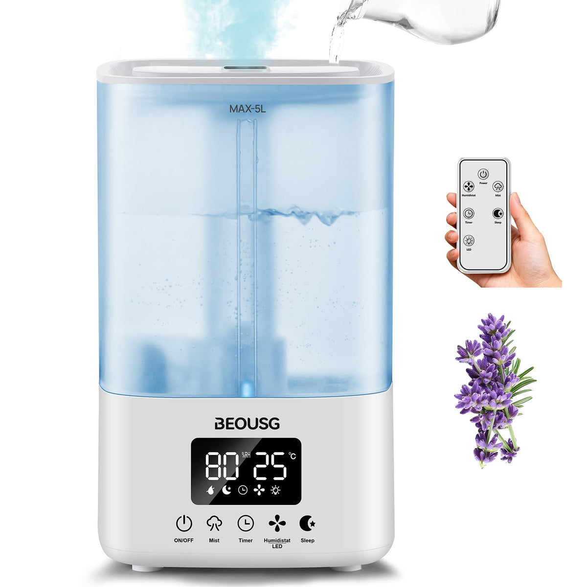 5L Top Fill Ultrasonic Humidifier,Cool Mist Humidifiers with Timer & Humidity Control for Bedroom, Baby, Large Rooms & Plants (White)