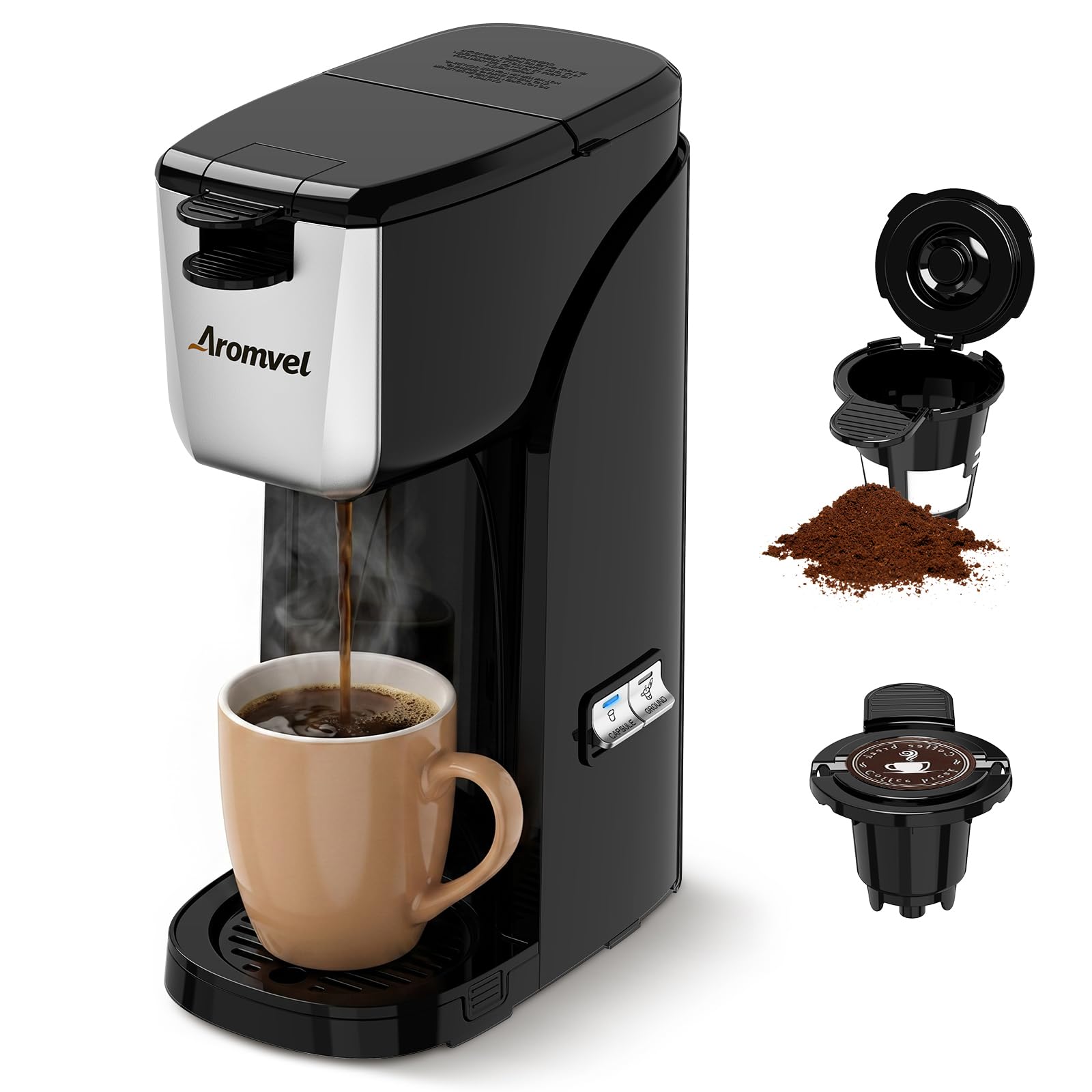 2-in-1 Single Serve Coffee Maker for K Cup Pods & Ground Coffee, 6 to 14 oz Brew Sizes, Compact Small Brewer with Dual Buttons, Adjustable Drip Tray for Travel Mugs, Silver