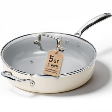 Kikcoin 12 Inch Ceramic Nonstick Frying Pan with Lid, 5 QT Deep Saute Pan for Cooking, Induction Ready Skillet with Stay Cool Handle, PFAS/PTFE/PFOA Free, Oven & Dishwasher Safe