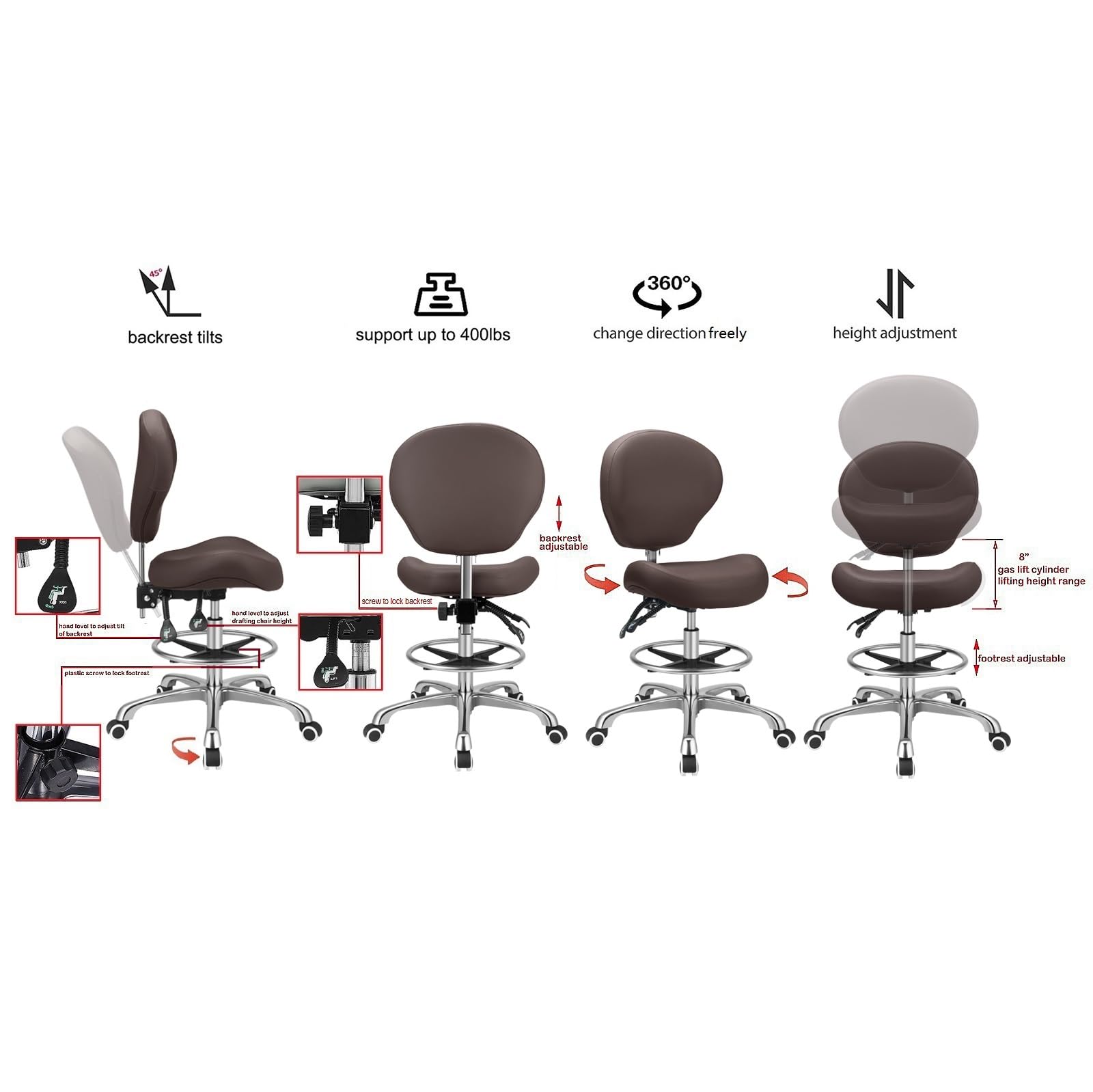 Kaleurrier Adjustable Stools Drafting Chair: with Back Rest & Foot Rest, 25.2D x 25.2W x 33.2H in, Brown