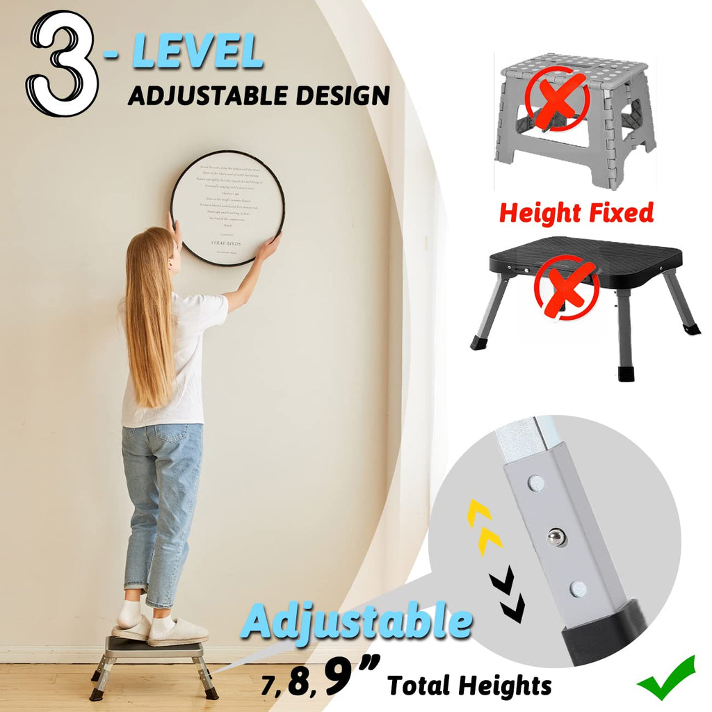 Double Elite 3 Levels Adjustable Folding Step Stools for Adults, Sturdy Metal Rv Step, Safer Foldable Small Kitchen Stepping Stool Seniors Bed,