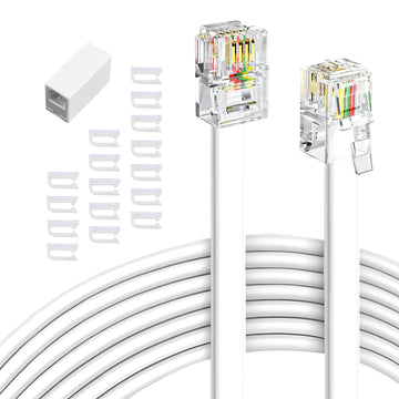 Phone Extension Cord 15 Ft 1pcs, Telephone Cable with Standard RJ11 Plug and 1 in-Line Couplers and 20 Cable Clip Holders, White