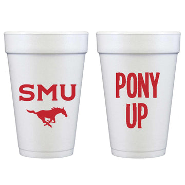 Two Funny Girls Southern Methodist University (SMU) Logo/Pony Up Printed Foam Disposable Cups 16 oz - Insulated Coffee Cups 10 Pack - Cute Cup set for game day, Tailgating, Football Party Favors