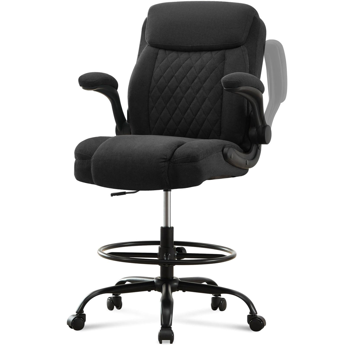 Drafting Chair Tall Office Chair for Standing Desk, Ergonomic Tall Desk Chair with Adjustable Foot Ring, Flip-up Armrests, Lumbar Support,