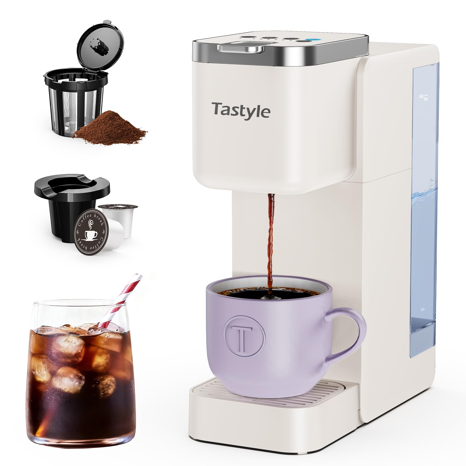 Tastyle Single Serve Coffee Maker, Iced and Hot Coffee Machine for K Cup & Grounds, Compact Design, 40oz Removable Water Reservoir, 6 to 24 Oz Brew Sizes, Fits 7.3" Travel Mug, Beige