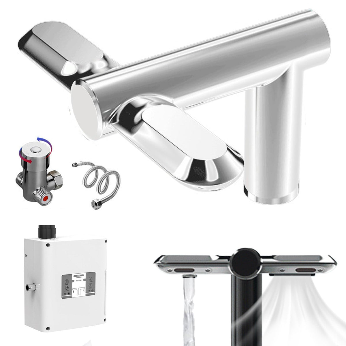 2in1 Faucets & Hand Dryer,Touchless Bathroom Sink Faucets/Hand Dryer with Automatic Temperature Control,with Hot & Cold Regulating Valve & Connecting Hose,for Under-Counter Basin,Silver