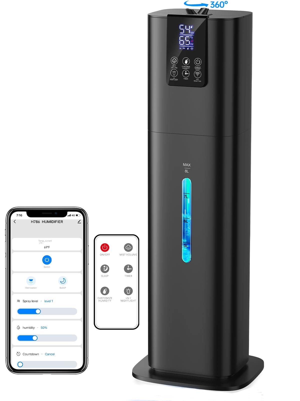 8L Smart Humidifiers for Bedroom Large Room, 2.1Gal Cool Mist Top Fill Diffuser Ambient Light, App & Remote Control, 3 Mist Modes, Quiet Humidifier for Home Office Plant