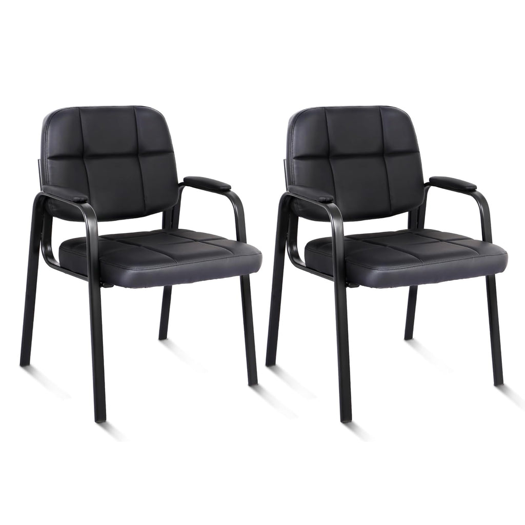 Clatina Contemporary Leather Chair, Set of 2 - Black, Reception, Office, Guest, Waiting Room, No Wheels, Padded Arms, 275 Lbs Capacity