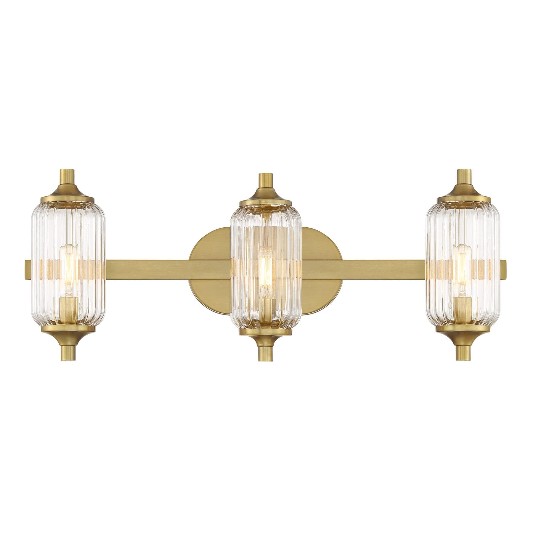 Savoy Essentials 8-3024-3-322 Holton Industrial Vintage Clear Ribbed Glass Bathroom Vanity Wall Light, 3-Light 180 Total Watts, 9" H x 24" W, Warm Brass