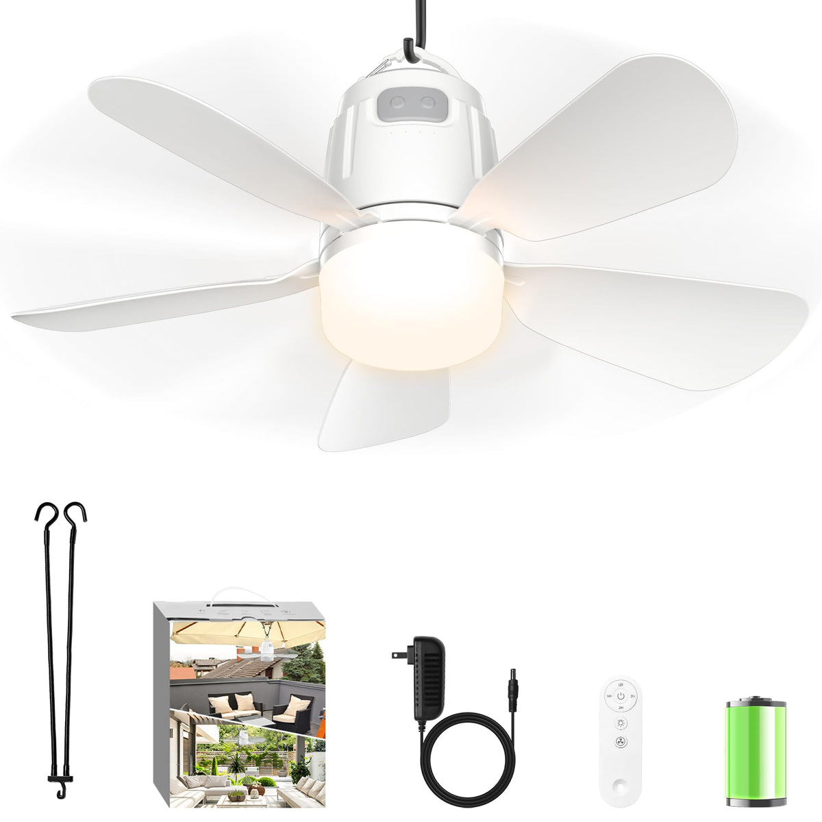 Canopy Fan 20.5'', 20000mAh Portable Outdoor Ceiling Fan with Light with Remote Control and Extension Hook, Easy Operation Battery Powered Fan Light for Gazebo, Tent , Patio, Camping (20.5 inch)