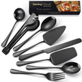 Exquisite 8 Pieces Serving Utensils Set, Stainless Steel Serving Utensils Large Hostess Serving Set with Serving Spoons, Serving Tongs, Serving Fork, Cake Knife for Parties Buffet (8 Black)…