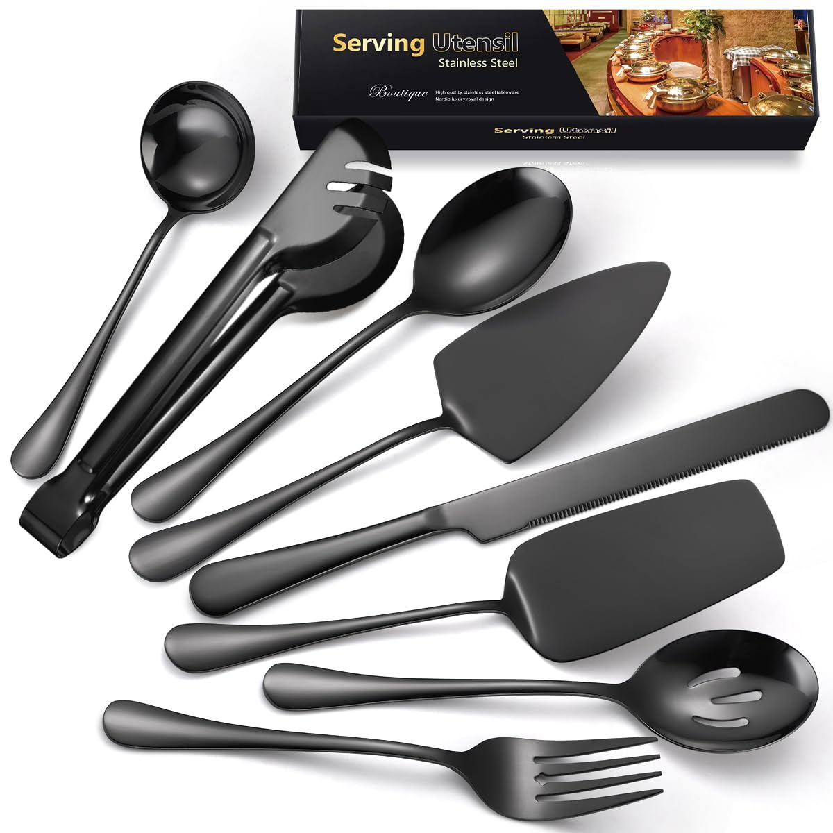 Exquisite 8 Pieces Serving Utensils Set, Stainless Steel Serving Utensils Large Hostess Serving Set with Serving Spoons, Serving Tongs, Serving Fork, Cake Knife for Parties Buffet (8 Black)…