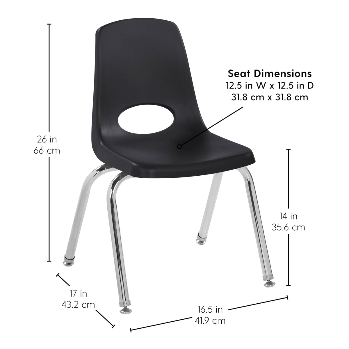 Fdp 14" School Stack Chair,stacking Student Seat with Chromed Steel Legs and Nylon Swivel Glides for In-home Learning or Classroom - Black