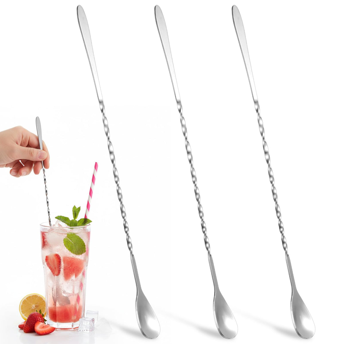 3PCS Bar Spoon, 12 Inch Stainless Steel Stirring Spoons for Drink, Long Spoon for Dirty Soda Bar Supplies, Professional Cocktail Spoons Coffee Bars Accessories - Silver