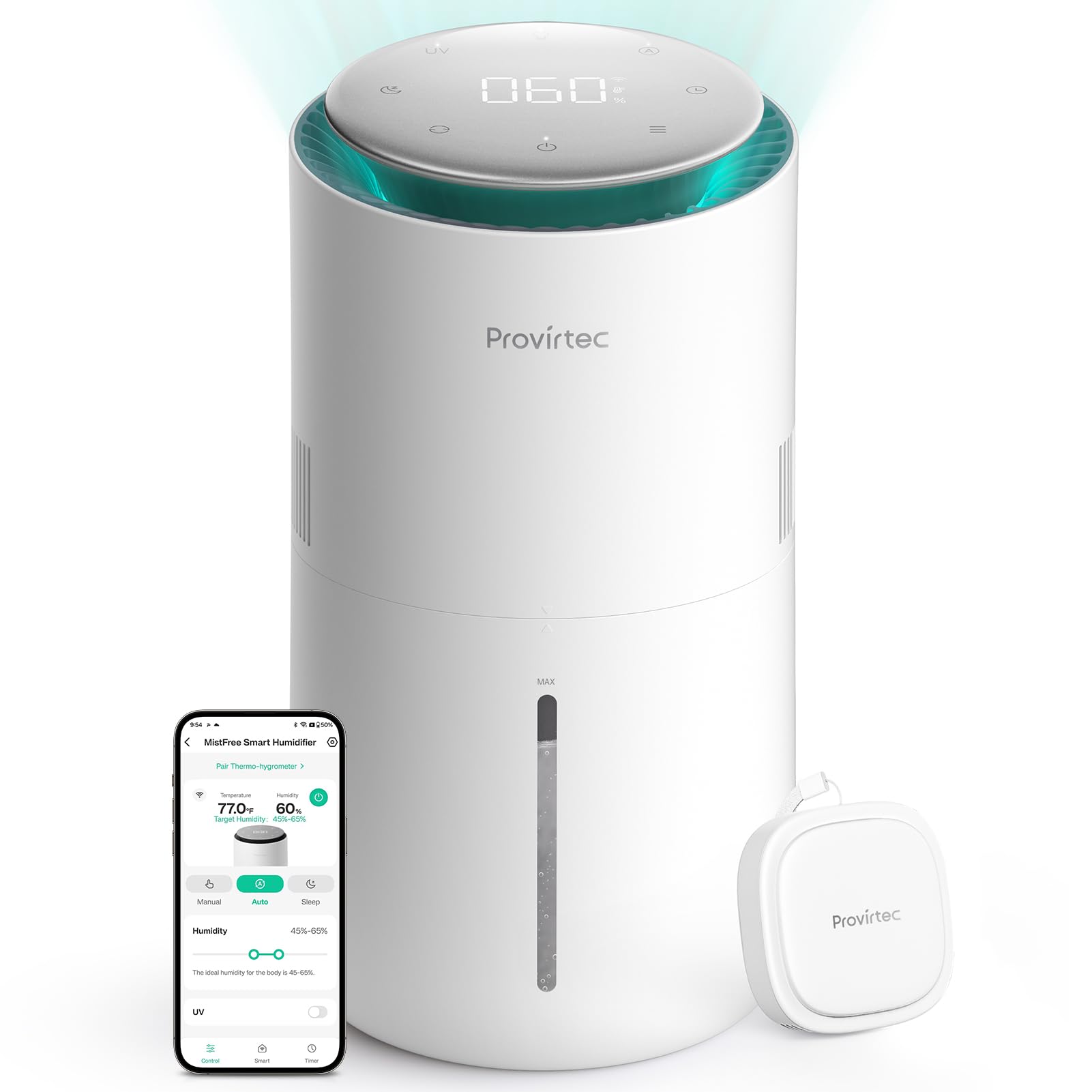Provirtec MistFree Smart Humidifier for Bedroom, Evaporative Humidifier No White Dust, Auto Humidity & APP Control, 3L Water Tank Easy to Clean, Sleep Mode, Timing, Humidifiers for Nursery/Baby(White)