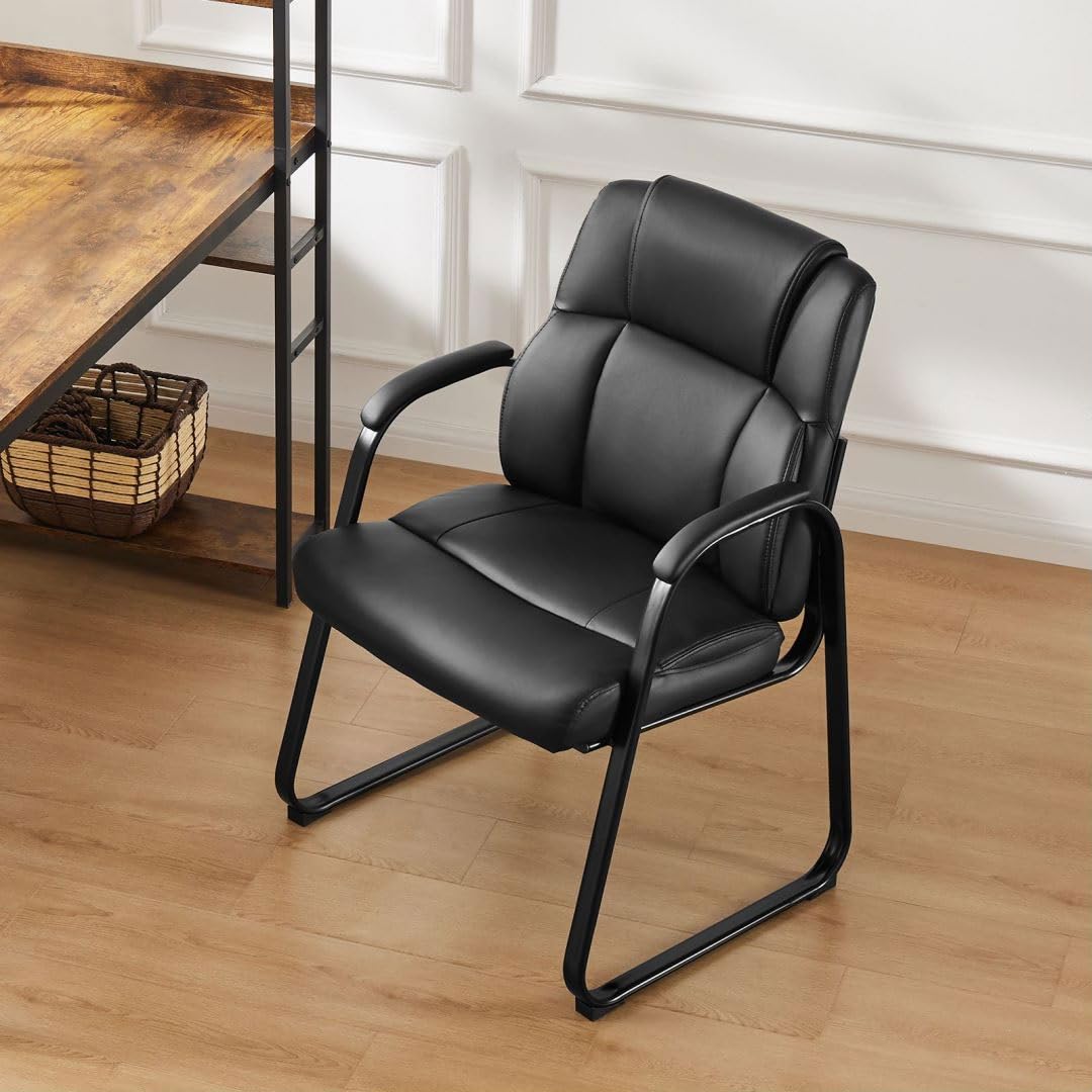 Uocfyk Pu Leather Conference Room Chair, Tall Back Chairs with Padded Arms and No Wheels, Guest Chair for Reception Waiting Room Black