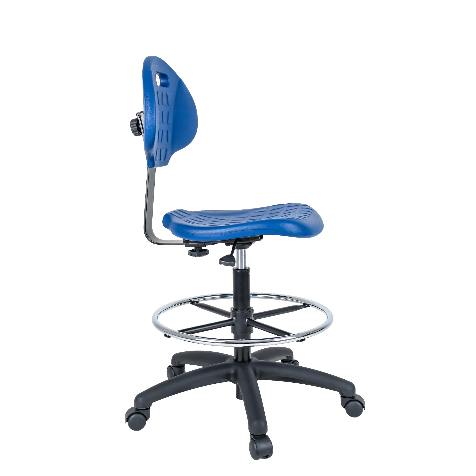 Chair Master Drafting Stool Blue- Easy to Clean! Quick Ship. Ergonomic Polyurethane Chair. Seat Height Adjustable (23"-33") Heavy Duty