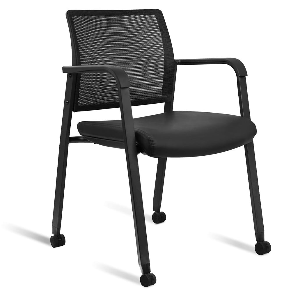 Clatina Mesh Back Guest Reception Stacking Chair with Wheels, Waiting Room Stackable Chairs with Upholstered Leather Seat & Ergonomic Lumbar