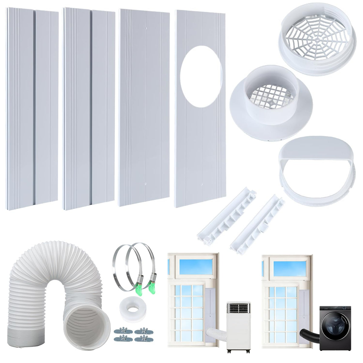 2026 Upgraded Portable Air Conditioner Window Kit with Exhaust Hose, Universal 4.0/5.1/5.9 Inch Seamless Window Vent Kit for AC & Dryer, 17" to 60" Adjustable Window Seal kit with Rain Guard & Mesh