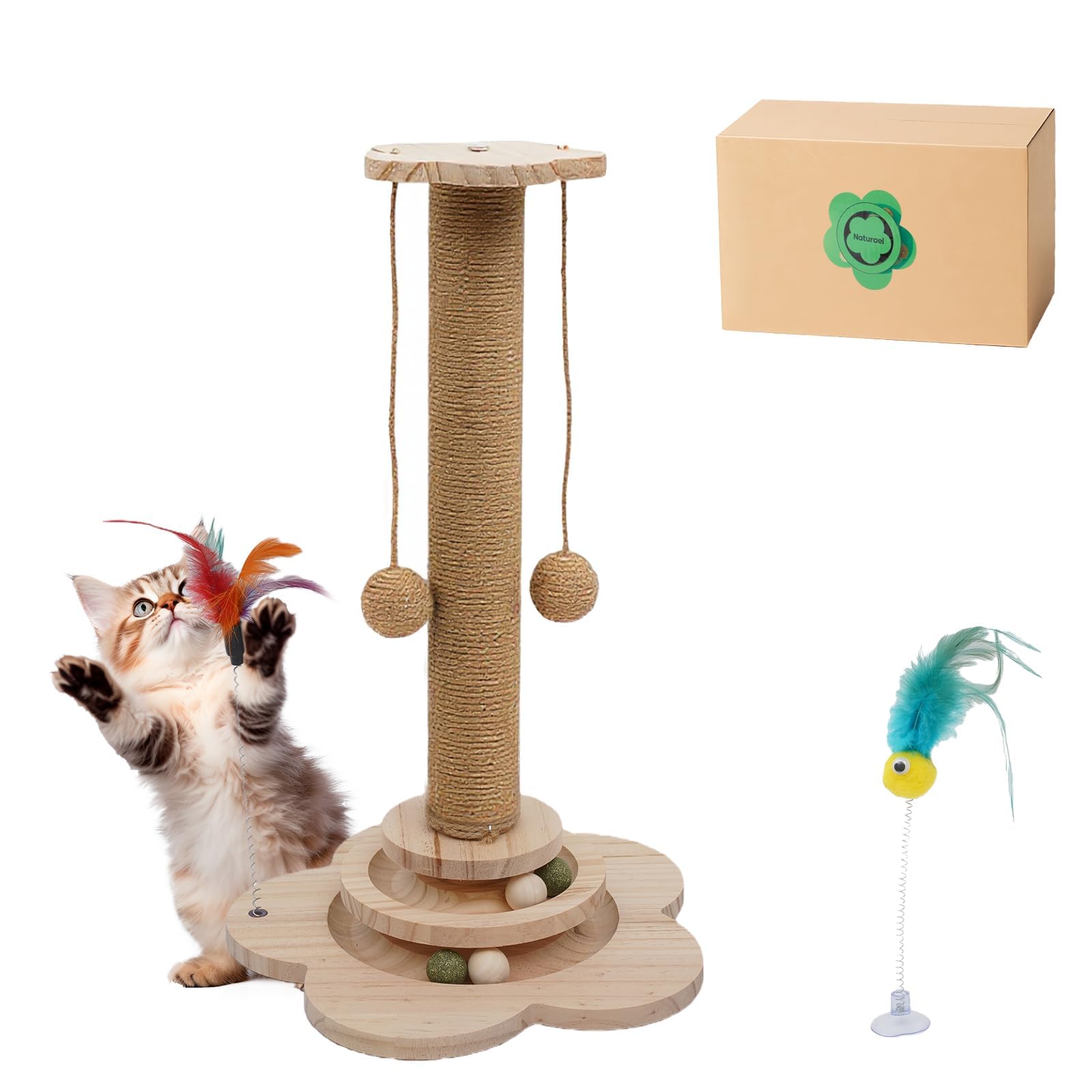 4-in-1 Wooden Cat Scratcher Toy,Cat Scratching Post&2-Level Track Tower With 8 Balls&2 Sisal Ball&2 Cat Wand Toy,Indoor Cat Activity Center For Cats Of All Ages And Body Types (11.8"L x 11.8"W x 19"H)