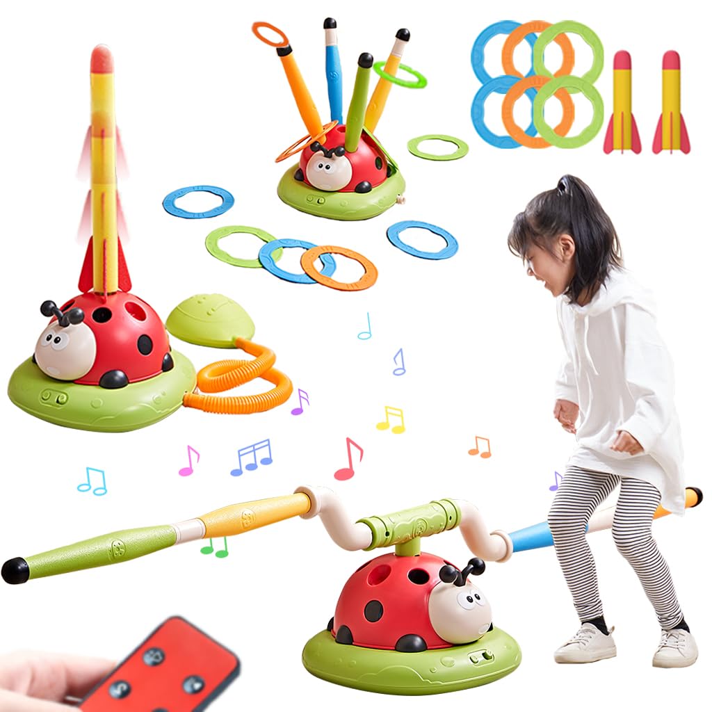 3 in 1 Musical Jump, Toss Ring Game and Stomping Launch Rocket Launcher for Kids Outdoor Toys with Remote Control, Indoor Outside Toy for Kids Ages 4-8 Toys for Ages 5-7 8-13 Birthday Gifts