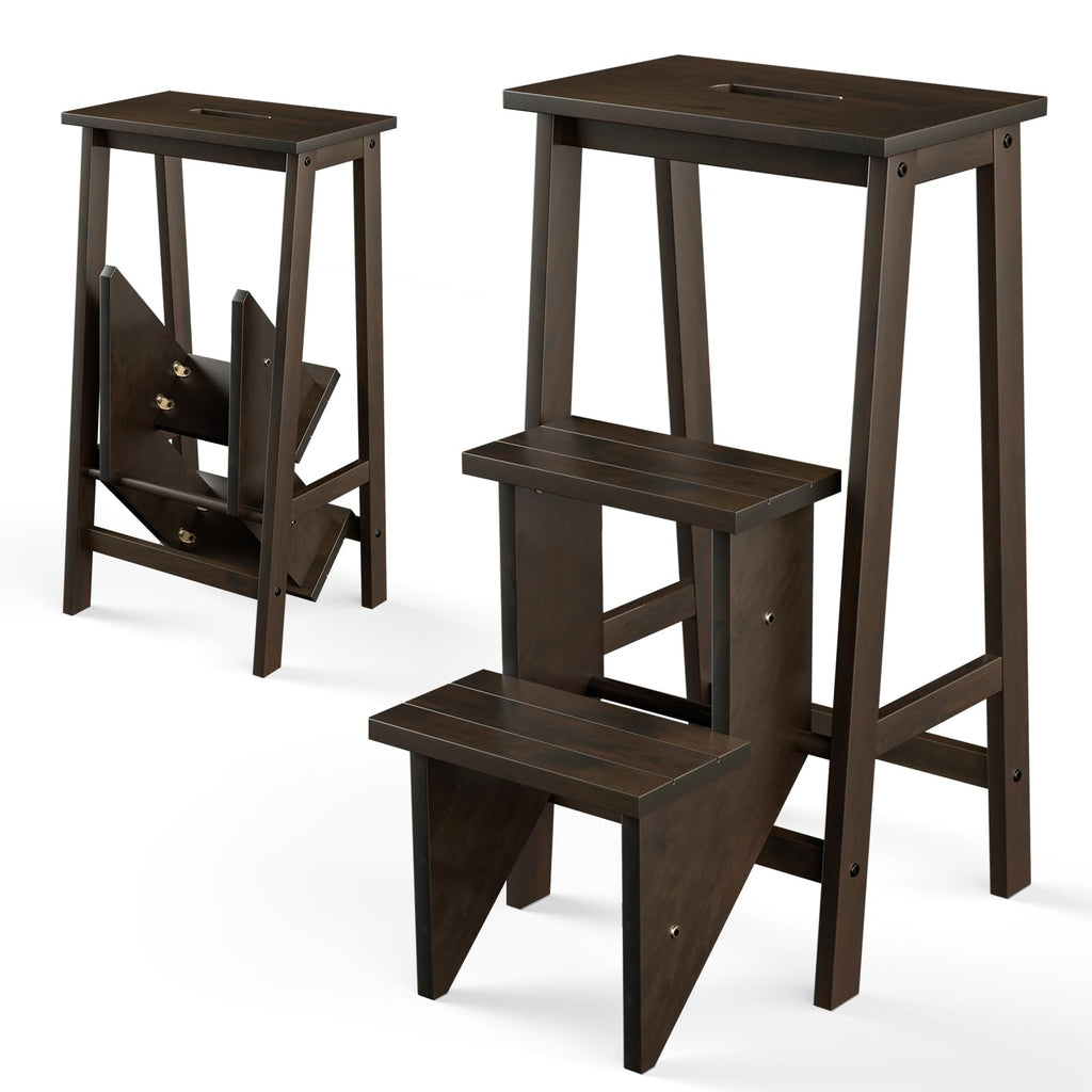 Costzon Folding 3 Step Stool, 3 in 1 Wooden Step Ladder with Handle, Non-slip Pedal, Multifunctional Storage Shelf, Flower Rack for Kitchen,