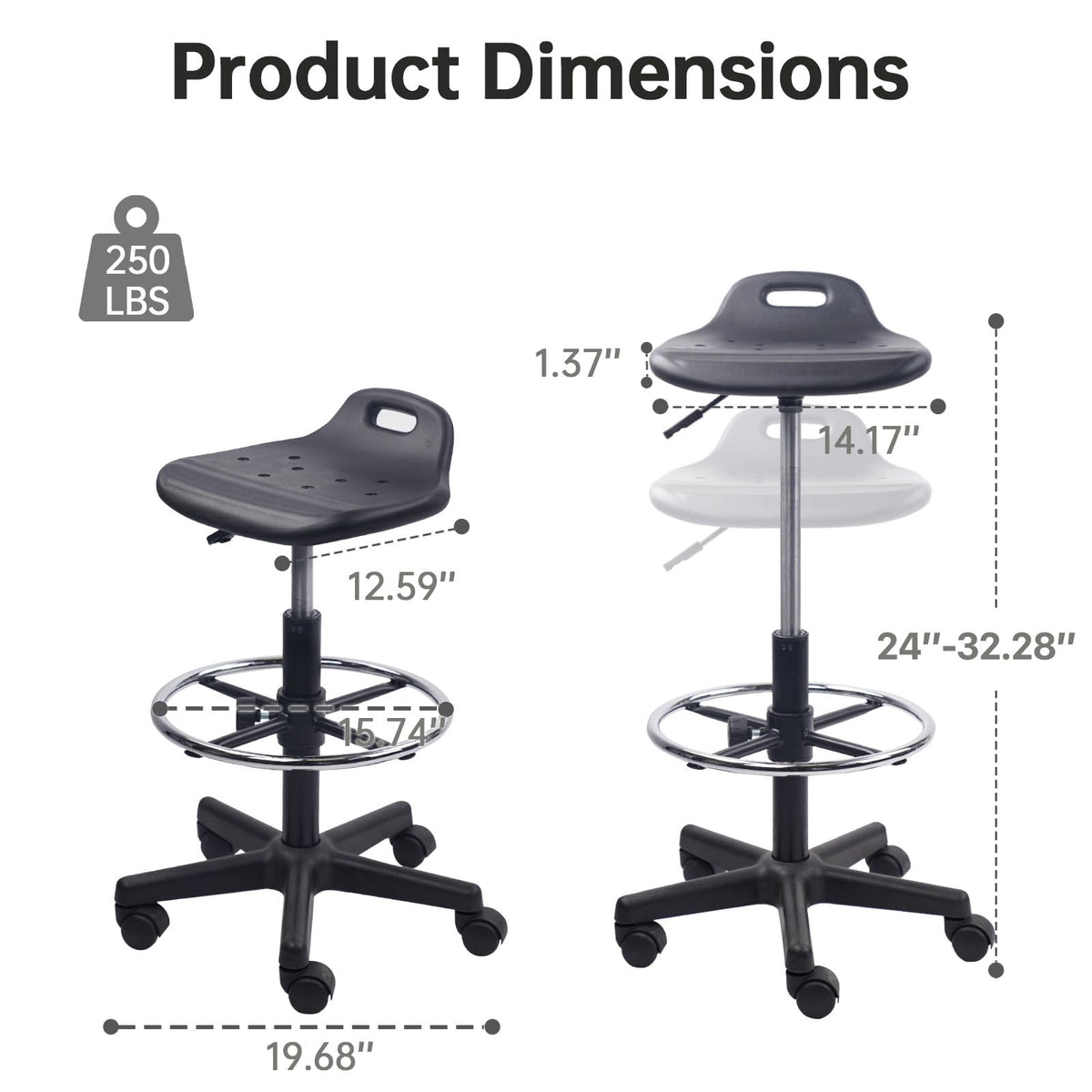 Klasika Drafting Rolling Stool Adjustable Height with Foot Rest Breathable Seat Cushion Swivel Stools with Wheels, Multi-purpose Work Stool for