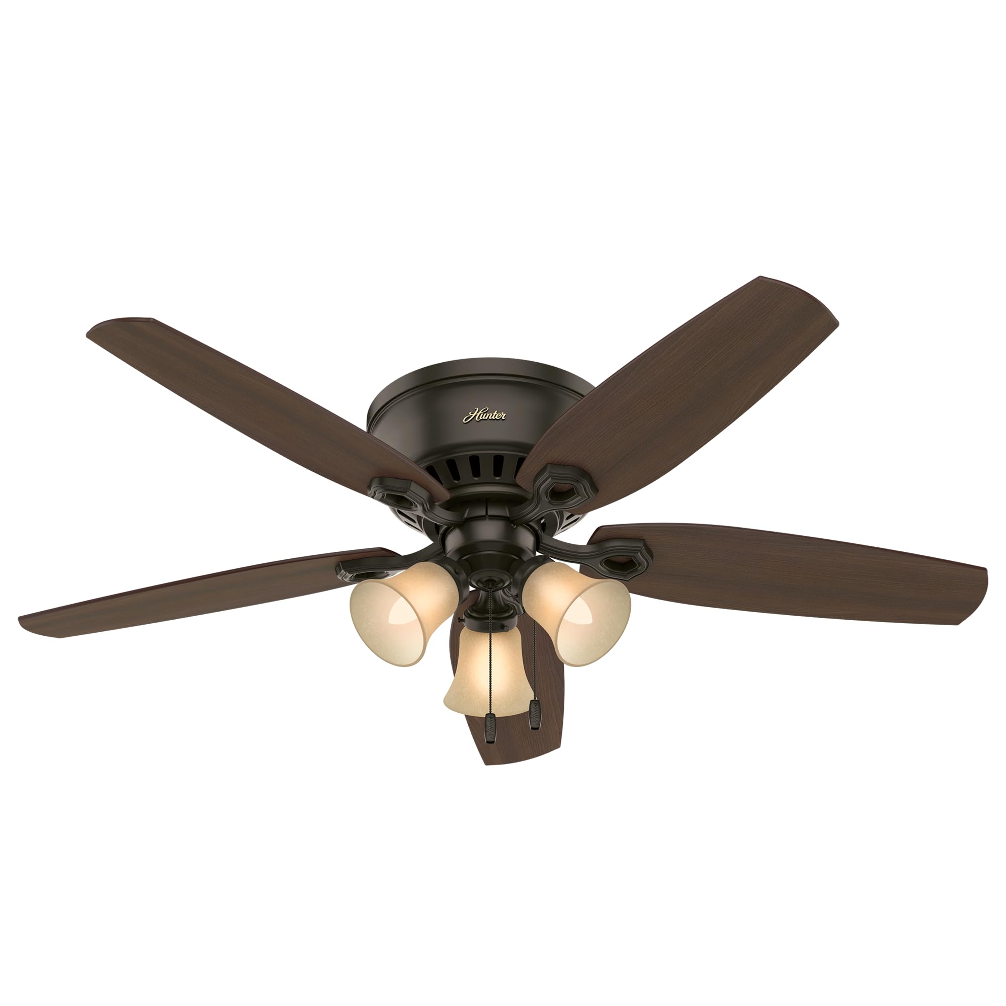 Hunter 52 inch Indoor Ceiling Fan with LED Lights - Bronze Ceiling Fan with Pull Chain, For Bedroom, Living Room, or Kitchen, Low Profile Flush Mount, No Remote, 5 Blades - Builder 53327, New Bronze