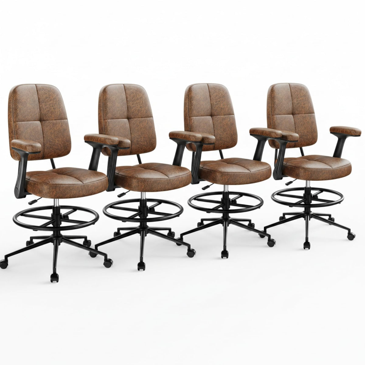 Marsail Drafting Chair with Flip-up Armrests and Footrest, Ergonomic Tall Office Chair, Height Adjustable High Chair, Brown Leather Seat with