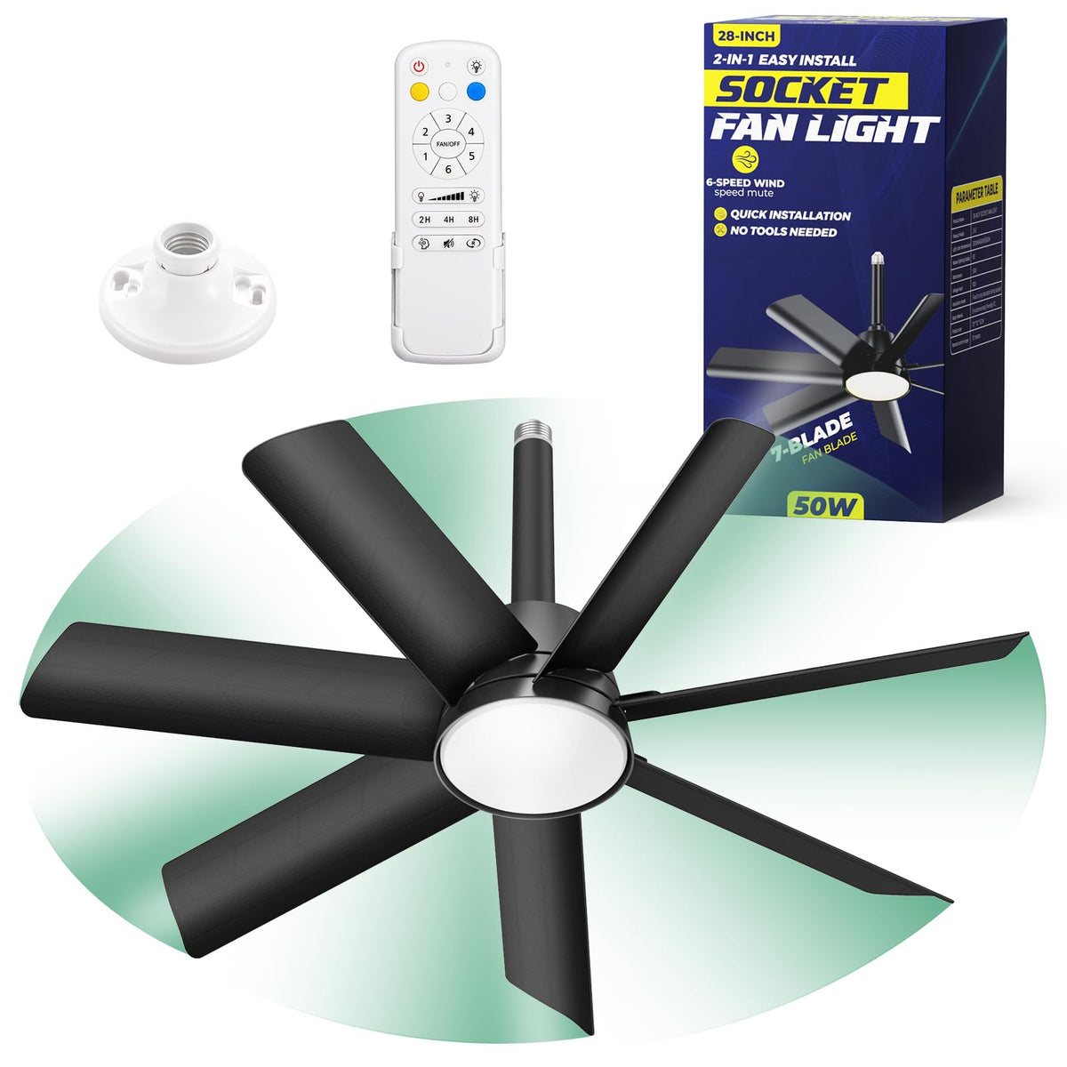 28in Socket Fan Light, 4000LM Ceiling Fans with Lights and Remote, 3000K-6500K 3 Colors 6 Speeds Socket Fan E26/E27 Base, Screw in Ceiling Fans for Living Room, Kitchen, Black