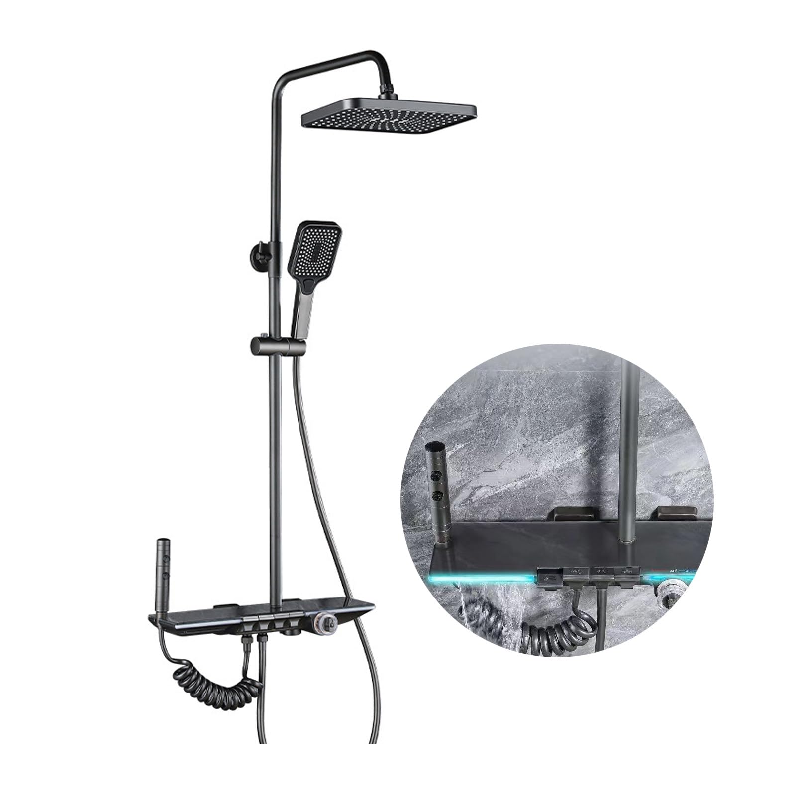 Shower System, Digital Display Bathroom Shower Faucet Set Gray Shower Set 4 Functions Shower Fixtures Shower Kit with Handheld Shower Head, Rain Shower Head