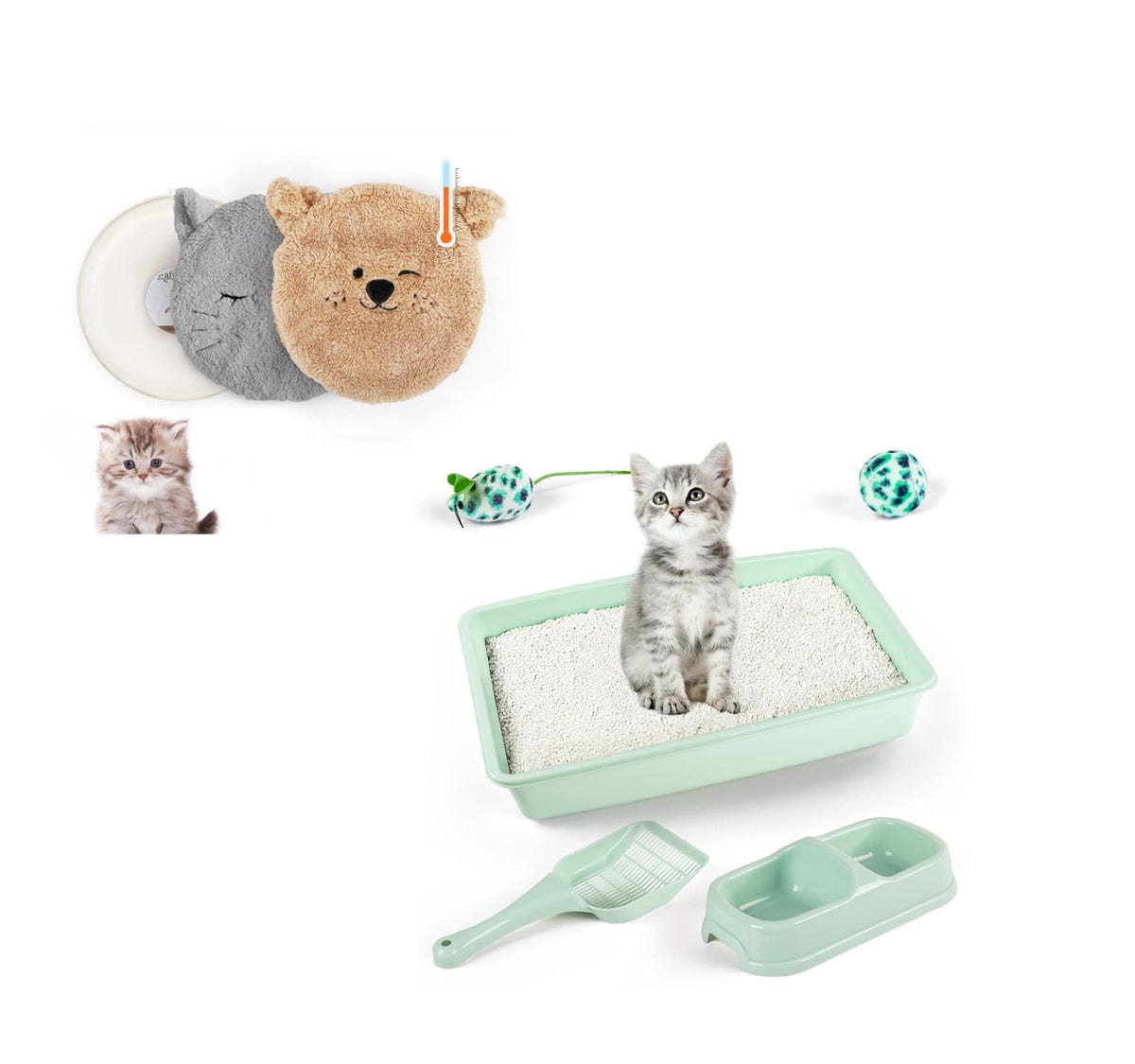 Green Cat Litter Box Set, Small Cat Kitten Starter Kit with Litter Scoop, Cat Bowl, Kittens Toy; Heated Cat Bed Indoor, Microwavable Heating Pads for Cats with 2 Cozy Covers