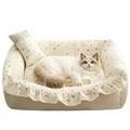 Jiupety Cat Bed for Indoor Cats Removable Washable Pet Beds with Slip-Resistant Bottom Ruffled Puppy and Kitten Beds with Pillow, Beige 21"x15"