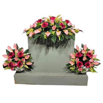 Realistic Artificial Cemetery Flowers - Silk Faux Floral Beauty Pink Rose and Calla Lily - Headstone Saddle - Bouquet Pair for Grave - 3 Memorial Decorations -