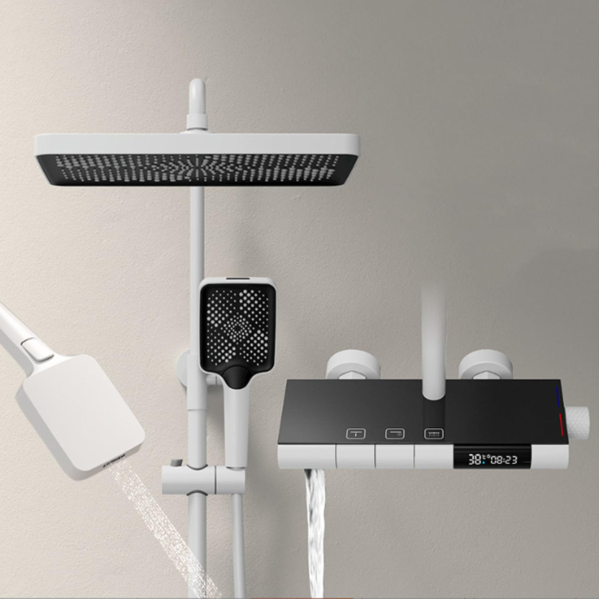 Shower System with Digital Display, Shower Faucet Set, Triple Function Bathroom Shower Fixtures, Brass Bathtub Faucet with Rain Shower Head And 4-Modes Hand Shower (White)