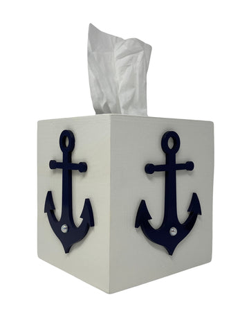Nautical Tissue Box Cover – White Wood Square with Navy Blue Anchor & Faux Pearls, Coastal Bathroom Decor, Boat House Gift