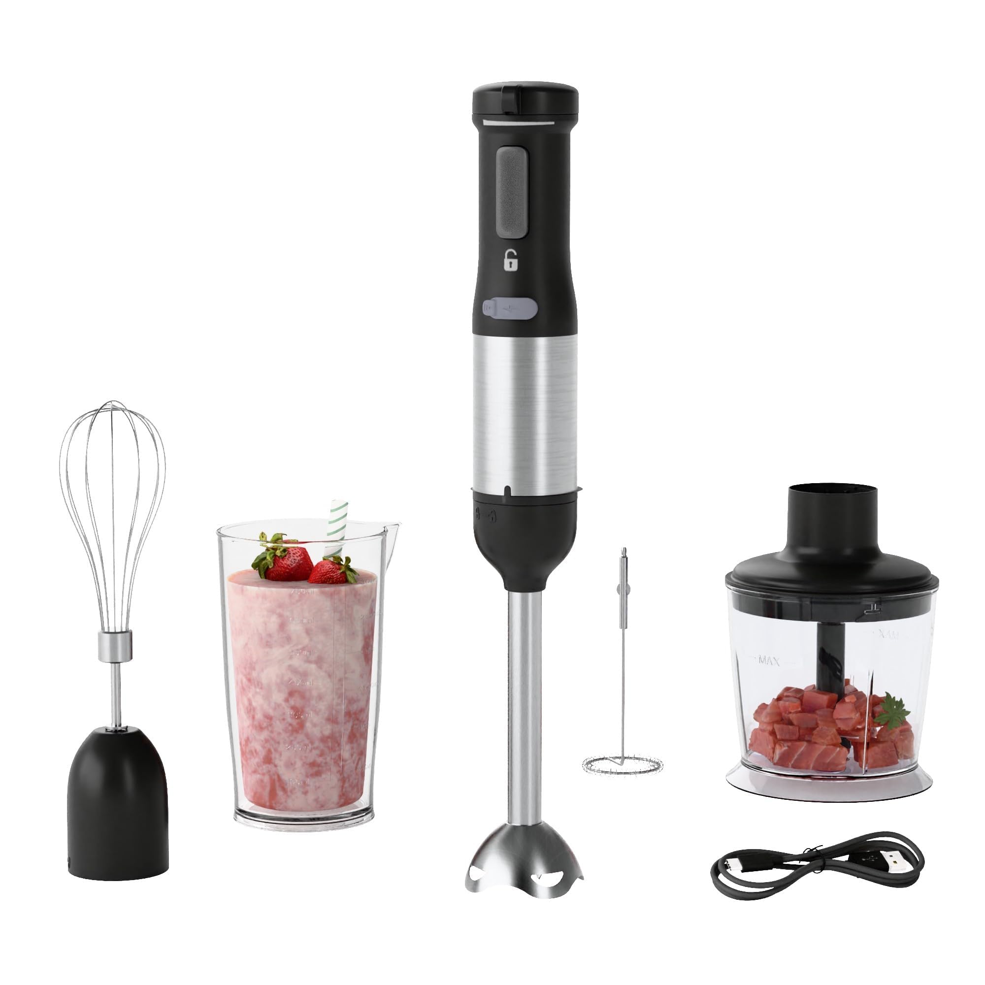 Cordless Immersion Hand Blender, 5-in-1 Variable Speed blender handheld,Rechargeable with 2000mAh Battery, BPA-Free & Dishwasher-Safe Accessories:700ml Beaker,Chopper,Whisk & Milk Frother,Black