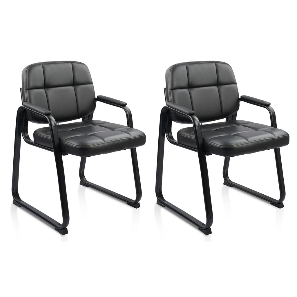 Clatina Leather Guest Chairs Set of 2, Office Reception with Padded Arms, Desk Chair with Sled Base for Office Conference Waiting Room, Black