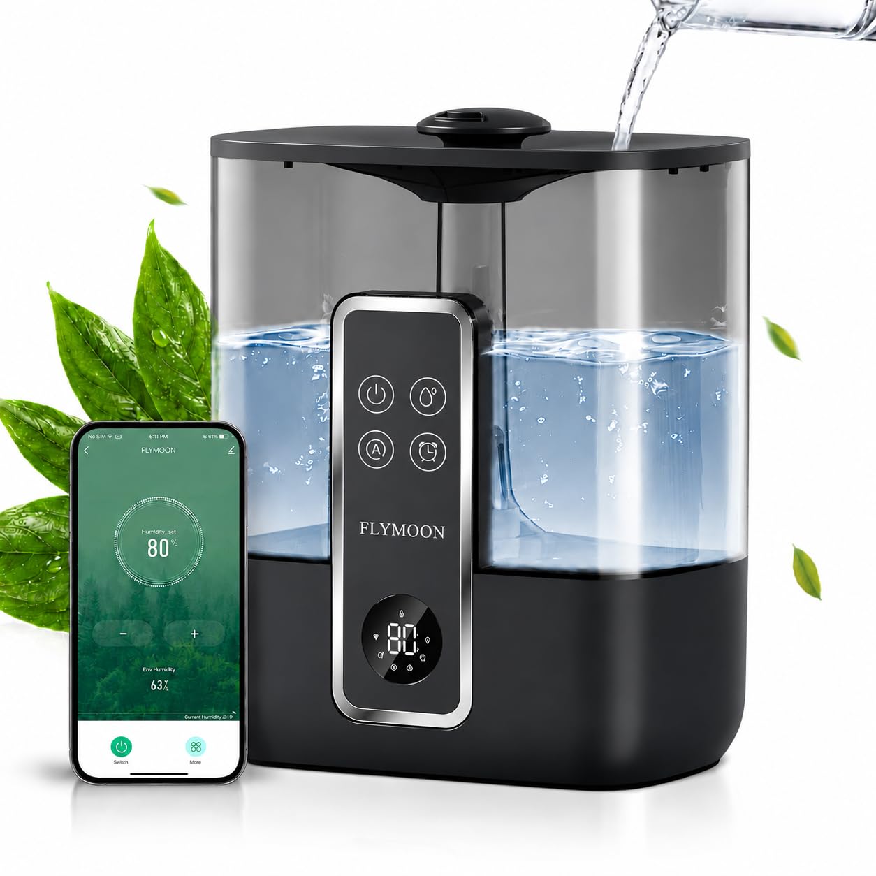 FLYMOON Humidifier for Bedroom, Top Fill 5L Cool Mist Humidifiers with 28dB, Smart Humidifier for Large Room, Plants, Auto-Off, 12H Timer, 50 Hour Runtime,Tuya App Control, Black