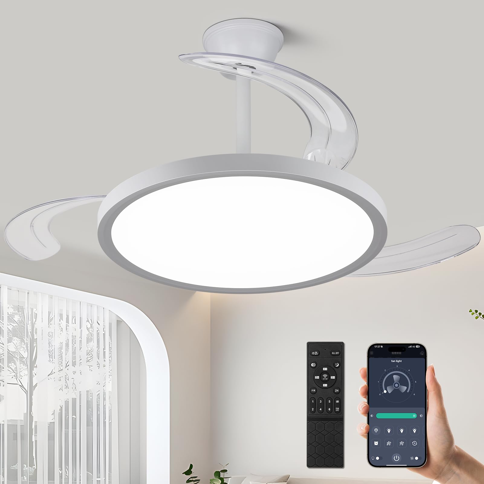 42 inch Retractable Ceiling Fan with Lights,6 Speed Dimmable Silent Fan,Modern Ceiling Fan with Light Remote Control for Bedroom Living Room Kitchen (White)