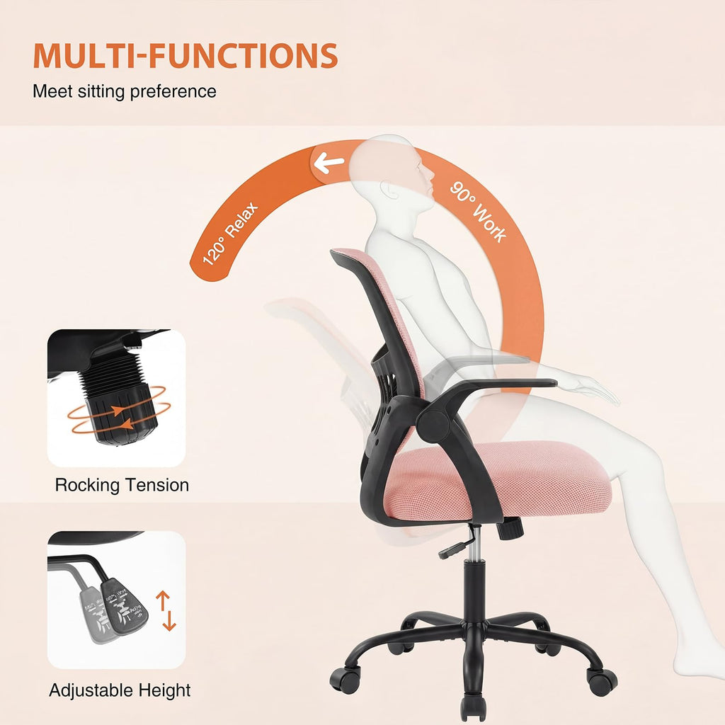 Sweetcrispy Computer Desk Chair, Mesh Office Chair, Lumbar Support, 23.22 Inch, Pink+black Frame