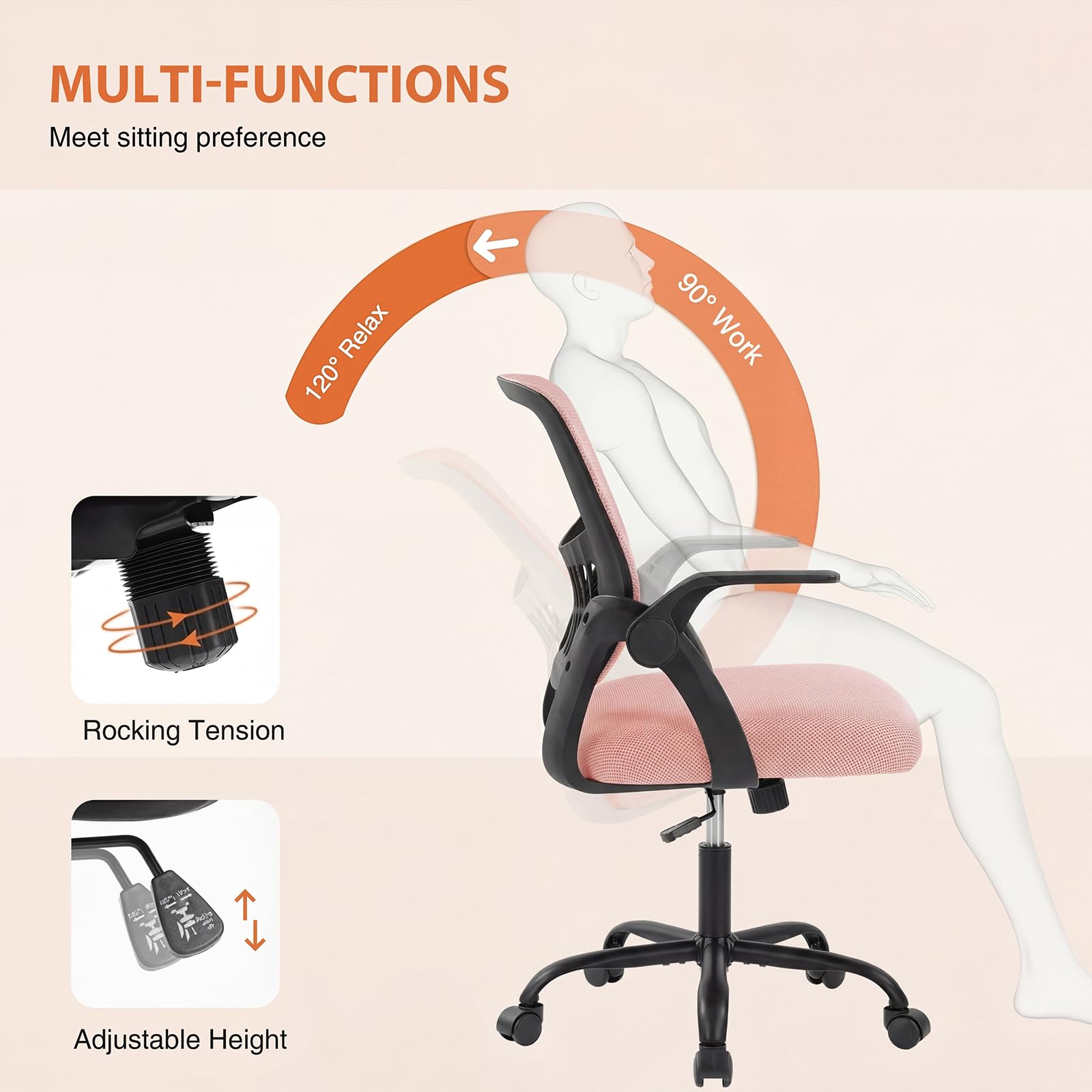 Sweetcrispy Computer Desk Chair, Mesh Office Chair, Lumbar Support, 23.22 Inch, Pink+black Frame