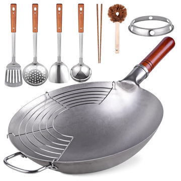 Teewe 13.4" Carbon Steel Wok Traditional Hand Hammered Round Bottom Wok