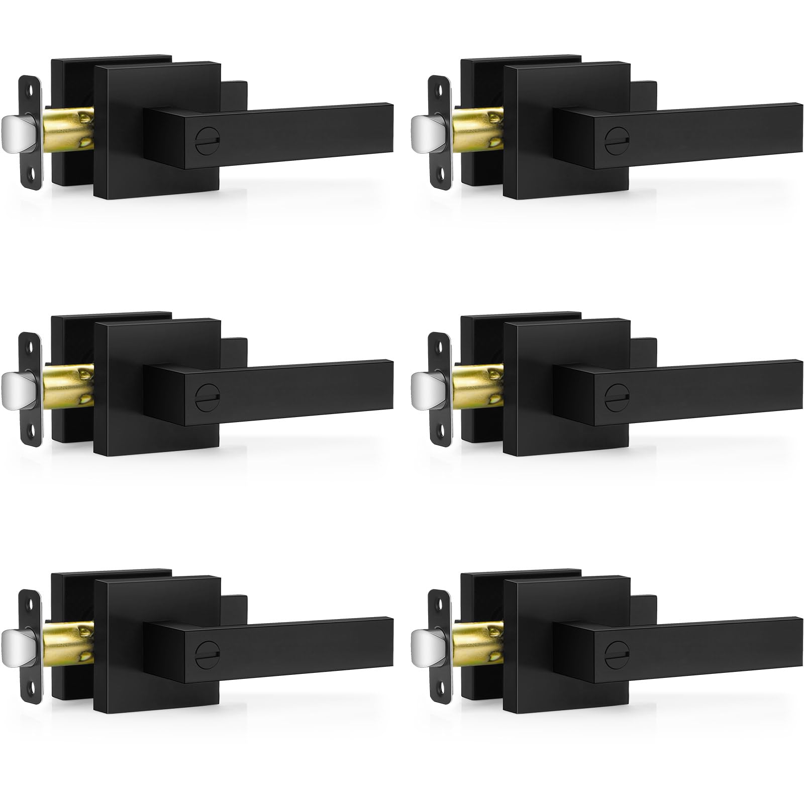 Plustool 6 Pack Matte Black Door Handles Interior, Keyless Interior Door Knobs, Privacy Door Locks for Bedroom Bathroom, Heavy Duty Square Door Lever Locksets, Reversible for Left&Right Handled Doors