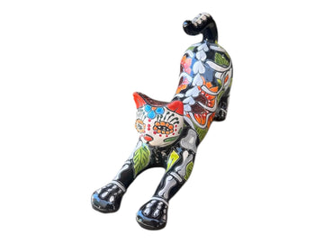 Day of the Dead Talavera Stretching Cat Statue - 17.5” Length, Hand-Painted Mexican Pottery