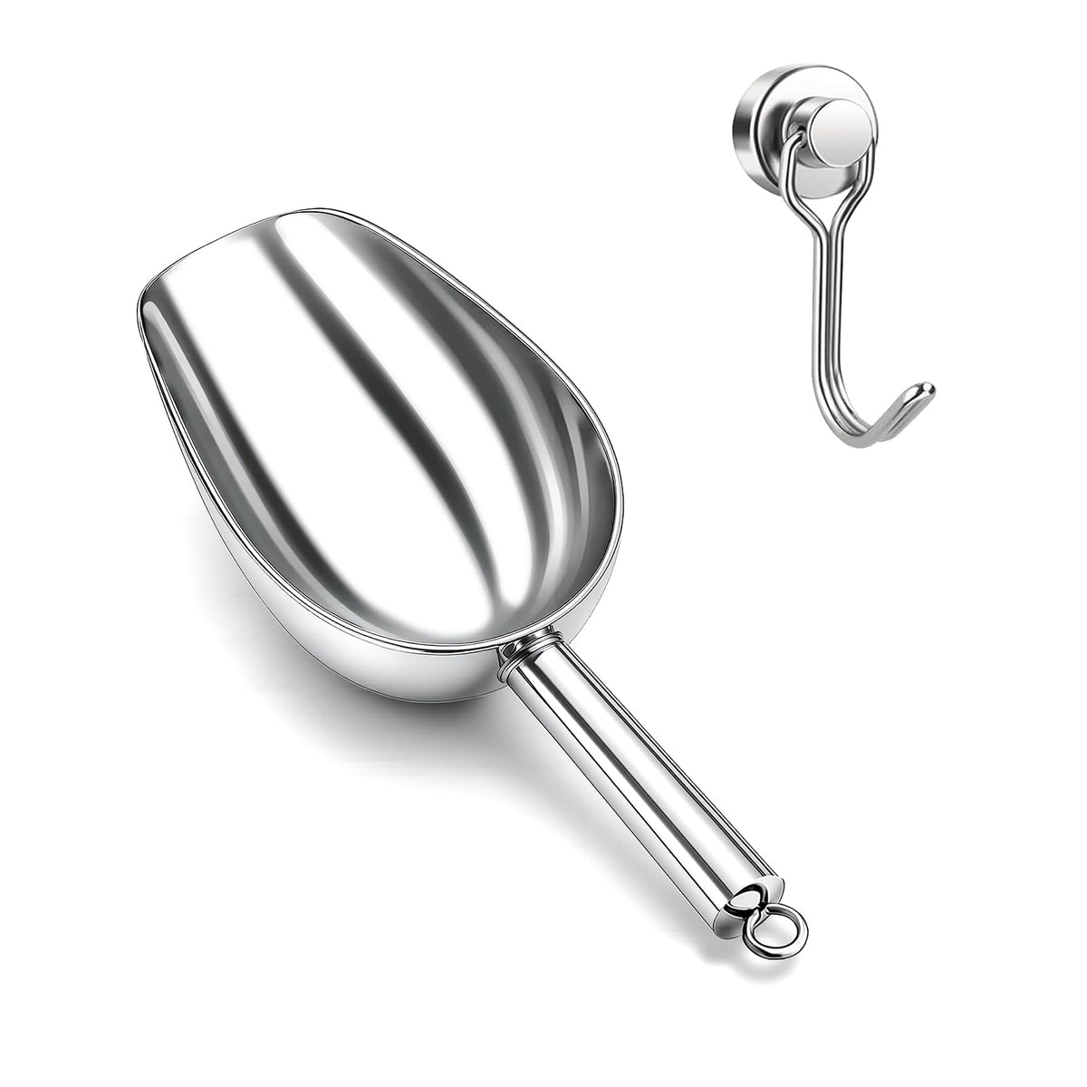 Wapodeai 6oz Stainless Steel Ice Scoop for Freezer with Magnetic Hook Holder, Metal Ice Scoop for Ice Maker Machines, Buckets, for Kitchen/Bar/Party & Wedding Accessories, Dishwasher Safe