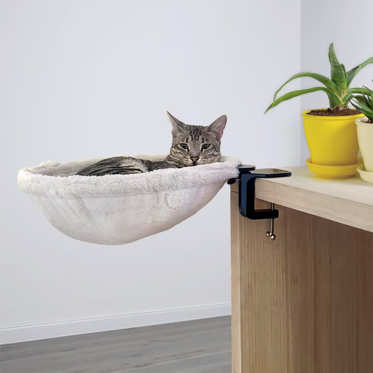 | 2.0 Standard Desk Hammock for Indoor Cats, Adjustable Clamp-On Bed with Soft Faux Fur Fabric & Steel Frame, Space Saving Under Desk Lounge, Supports Up to 50 lbs, Standard Size