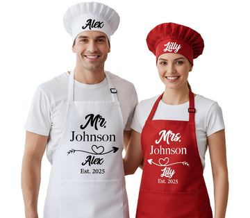 Mr and Mrs Aprons for Couples, Couple Gift for Christmas, Anniversary, Birthday, Valentines Day and Bridal Shower, Custom Wedding Gifts for Couples, Kitchen Cooking Chef Aprons and Chef Hats with Name