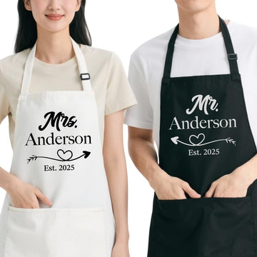 Couple Aprons for Mrs Mr, Personalized Matching Cooking Aprons for Couples, 2 Pockets, Adjustable Neck Strap, Long Waist Ties, Gift for Chef Wives, Wedding, Valentine's Day, Christmas, Anniversary