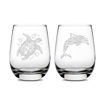 Integrity Bottles Tribal Sea Life Designs, (Set of 2) Turtle and Dolphin, Stemless Wine Glasses, Handmade, Handblown, Hand Etched Gifts, Sand Carved, 16oz